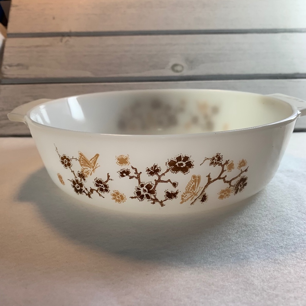 Vintage Pyrex / Termo-Ray Brown‎ Floral Milk Glass Casserole Dish 9 inch 60s 70s